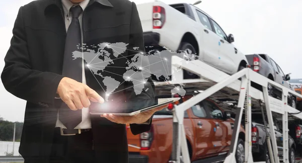 New Vehicles Transported Dealerships World Map Logistic Network Distribution Background — Stock Photo, Image