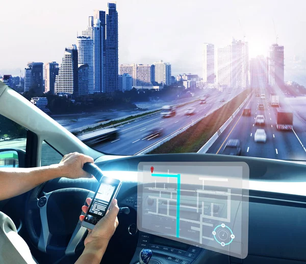 Self Driving Autopilot Mode Autonomous Car Vehicle Running Self Driving — Stock Photo, Image