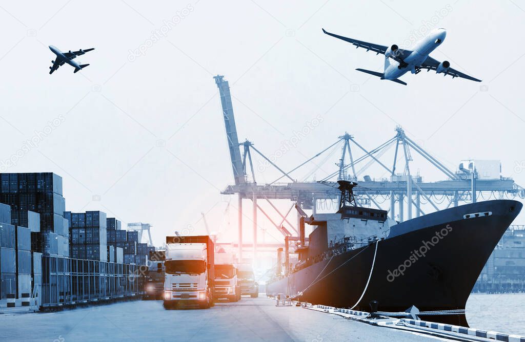 The world logistics  background or transportation Industry or shipping business, Container Cargo  shipment , truck delivery, airplane , import export Concept