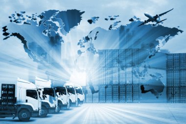 Dünya lojistik geçmişi veya ulaşım sektörü veya nakliye sektörü, konteyner sevkiyatı, kamyon teslimatı, uçak, ithalat ihracat kavramı