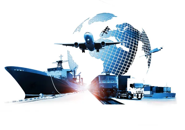 世界の物流の背景や輸送業界や海運業 コンテナ貨物輸送 トラック輸送 飛行機 輸入輸出コンセプト — ストック写真