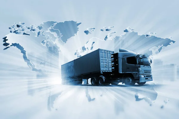 世界物流背景或运输业或航运业 集装箱运输 卡车交付 进出口概念 — 图库照片