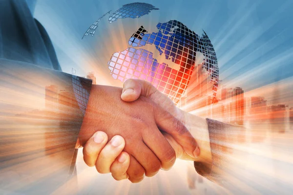Business Handshake Konzept Mit Stadt Und Welt Hintergrund — Stockfoto