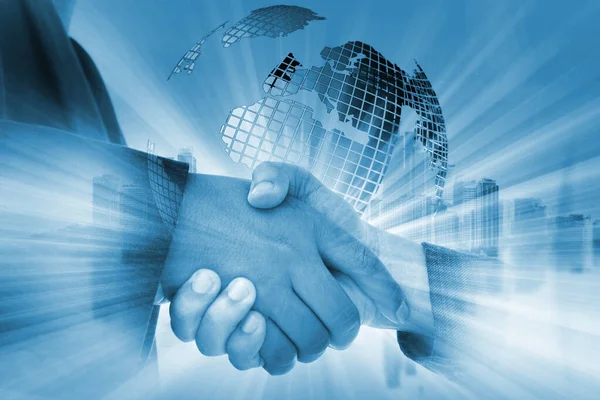 Business Handshake Konzept Mit Stadt Und Welt Hintergrund — Stockfoto