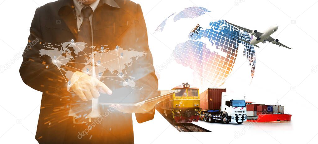 Double exposure of man with Transportation, import-export and logistics concept