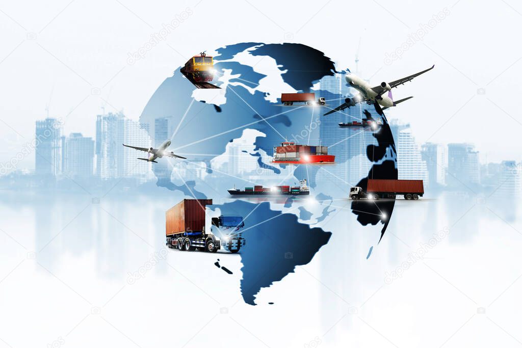 The world logistics  background or transportation Industry or shipping business, Container Cargo  shipment , truck delivery, airplane , import export Concept