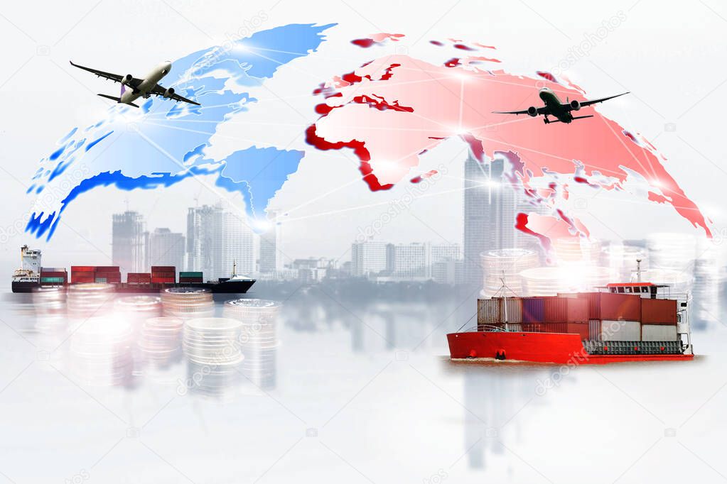 The world logistics  background or transportation Industry or shipping business, Container Cargo  shipment , truck delivery, airplane , import export Concept