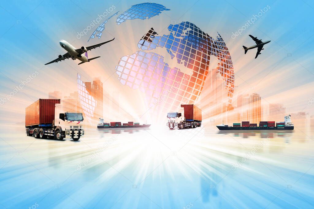 The world logistics  background or transportation Industry or shipping business, Container Cargo  shipment , truck delivery, airplane , import export Concept