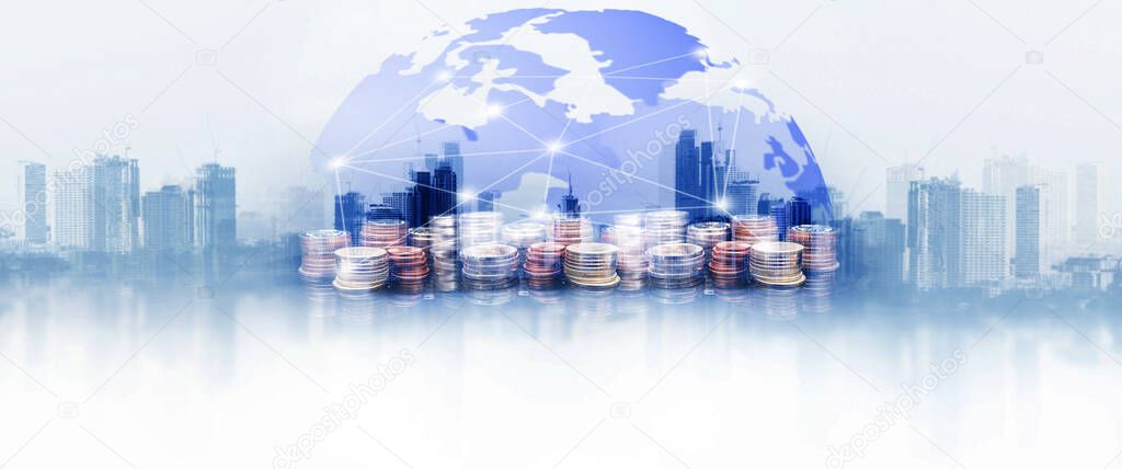 The world lInternational financial consulting and rows of coins for finance and banking concept with business background.