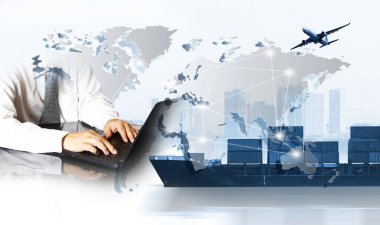 Dünya lojistik geçmişi veya ulaşım sektörü veya nakliye sektörü, konteyner sevkiyatı, kamyon teslimatı, uçak, ithalat ihracat kavramı