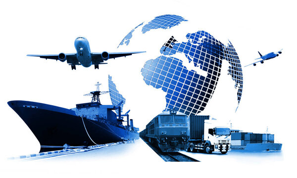 The world logistics , there are world map with logistic network distribution on background and Logistics Industrial Container Cargo freight ship for Concept of fast or instant shipping