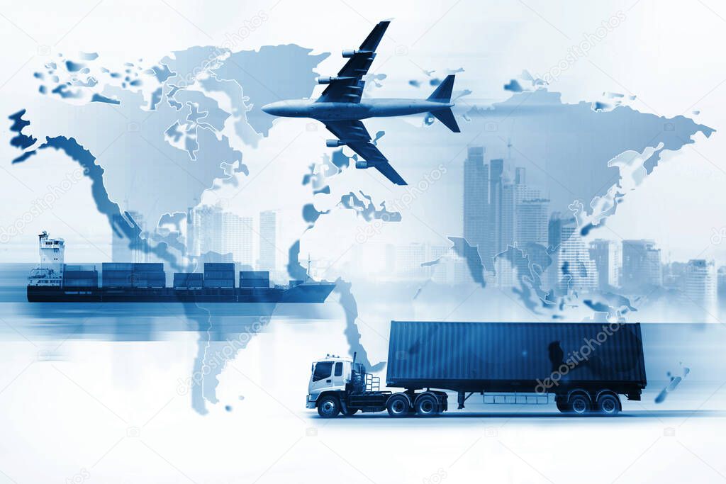 The world logistics, there are world map background and container truck, ship in port and airplane