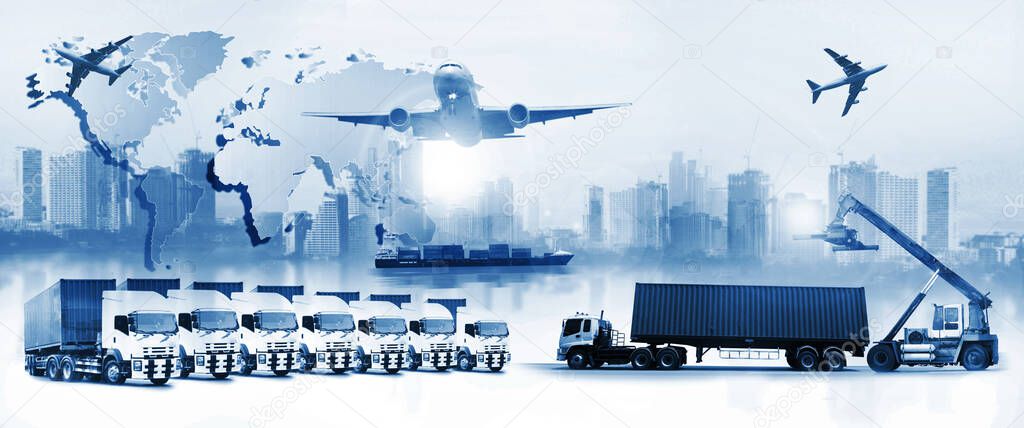 The world logistics , there are world map with logistic network distribution on background and Logistics Industrial Container Cargo freight ship for Concept of fast or instant shipping