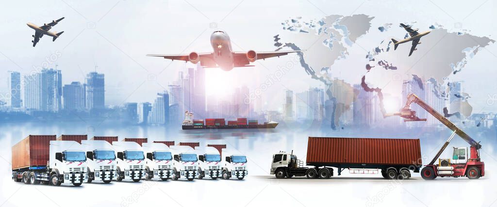 The world logistics , there are world map with logistic network distribution on background and Logistics Industrial Container Cargo freight ship for Concept of fast or instant shipping