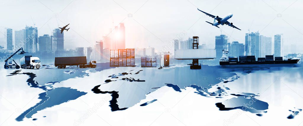 The world logistics , there are world map with logistic network distribution on background and Logistics Industrial Container Cargo freight ship for Concept of fast or instant shipping