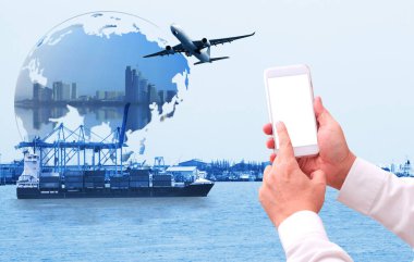 Ulaştırma, ithalat-ihracat ve lojistik kavramı, konteyner kamyonu, limandaki gemi ve nakliye ve ithalat-ihracat ticari lojistik, nakliye sektörü 