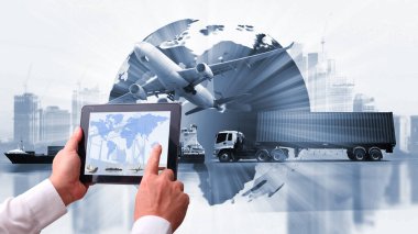 Ulaştırma, ithalat-ihracat ve lojistik kavramı, konteyner kamyonu, limandaki gemi ve nakliye ve ithalat-ihracat ticari lojistik, nakliye sektörü 