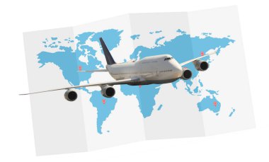Ticari uçak, taşımacılık, ithalat-ihracat ve lojistik, seyahat konsept seyahat ve turizm konsepti ile yaz pankartları tasarımı için hazır büyük beyaz uçak uçuyor