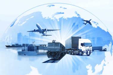 Ulaştırma, ithalat-ihracat ve lojistik kavramı, konteyner kamyonu, limandaki gemi ve nakliye ve ithalat-ihracat ticari lojistik, nakliye sektörü 