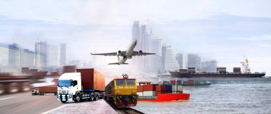 konteyner kamyonu, limandaki gemi ve taşımacılıktaki kargo uçağı ve ithalat-ihracat ticari lojistik, nakliye sektörü 