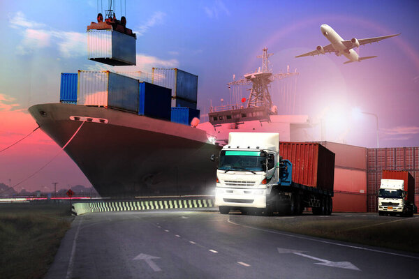 Transportation, import-export and logistics concept, container truck, ship in port and freight cargo plane in transport and import-export commercial logistic, shipping business industry 