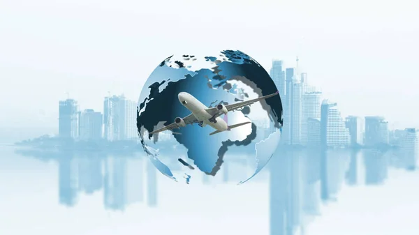 Repülőgép Repül Világ Körül Közlekedési Koncepció Utazási Koncepció — Stock Fotó