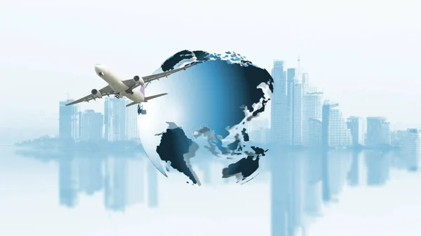 Repülőgép Repül Világ Körül Közlekedési Koncepció Utazási Koncepció — Stock Fotó
