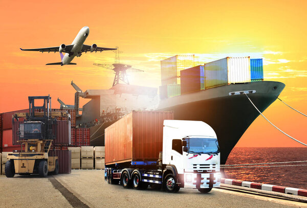 Transportation, import-export and logistics concept, container truck, ship in port and freight cargo plane in transport and import-export commercial logistic, shipping business industry 