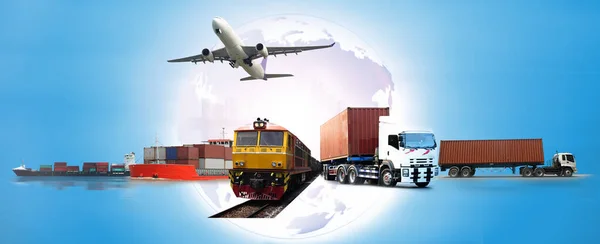 进出口和物流概念 集装箱卡车 港口船舶和商业物流货运飞机 航运业 — 图库照片