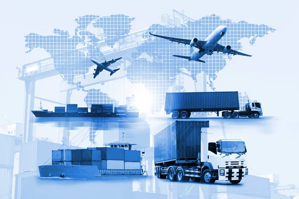 Transport Import Eksport Logistyka Koncepcja Kontenerowiec Statek Porcie Towarowych Samolotów — Zdjęcie stockowe