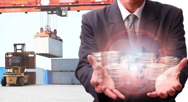 Transport Import Export Och Logistik Koncept Containerlastbil Fartyg Hamn Och — Stockfoto