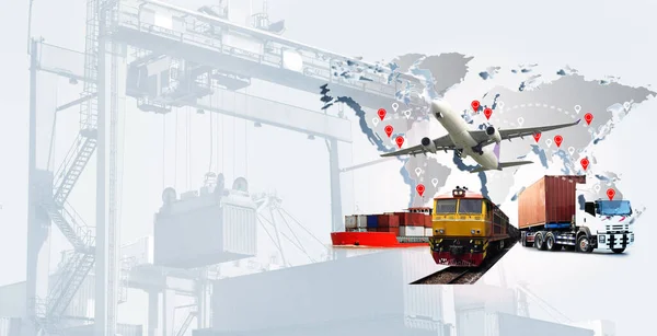 进出口和物流概念 集装箱卡车 港口船舶和商业物流货运飞机 航运业 — 图库照片
