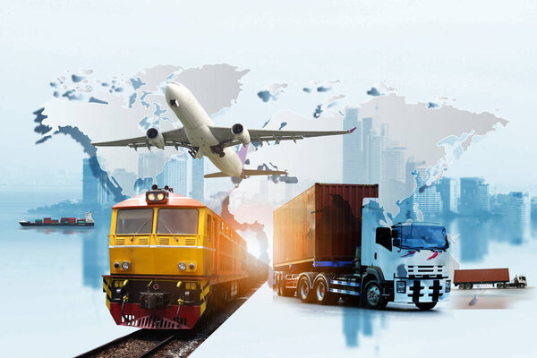 Transportation, import-export and logistics concept, container truck, ship in port and freight cargo plane in transport and import-export commercial logistic, shipping business industry 