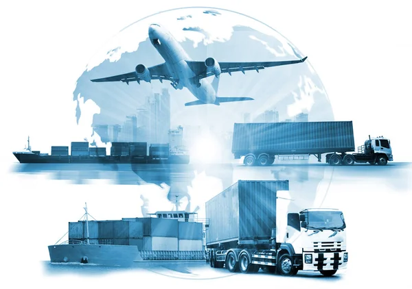 輸出入及び物流の概念 コンテナトラック 商業物流 海運業における港及び貨物輸送機の船 — ストック写真