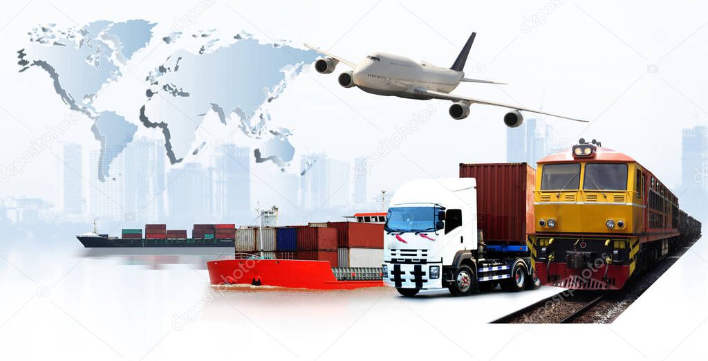 Transportation, import-export and logistics concept, container truck, ship in port and freight cargo plane in transport and import-export commercial logistic, shipping business industry 