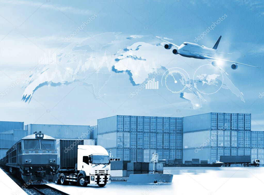 Transportation, import-export and logistics concept, container truck, ship in port and freight cargo plane in transport and import-export commercial logistic, shipping business industry 