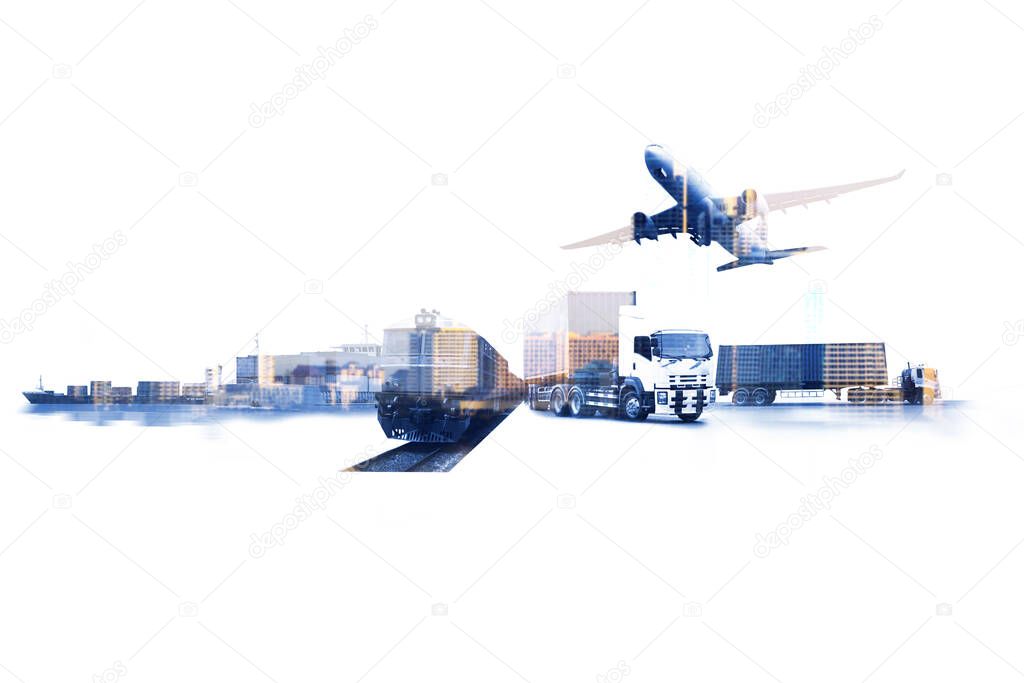 Transportation, import-export and logistics concept, container truck, ship in port and freight cargo plane in transport and import-export commercial logistic, shipping business industry 