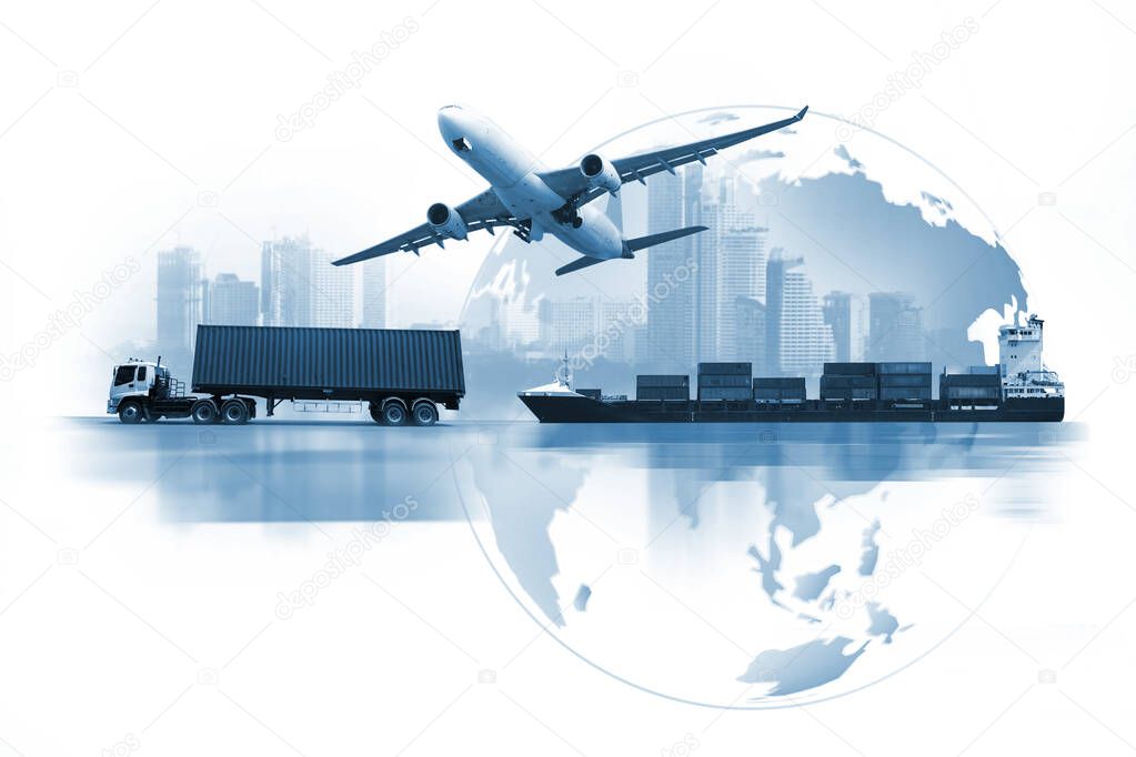 Transportation, import-export and logistics concept, container truck, ship in port and freight cargo plane in transport and import-export commercial logistic, shipping business industry 