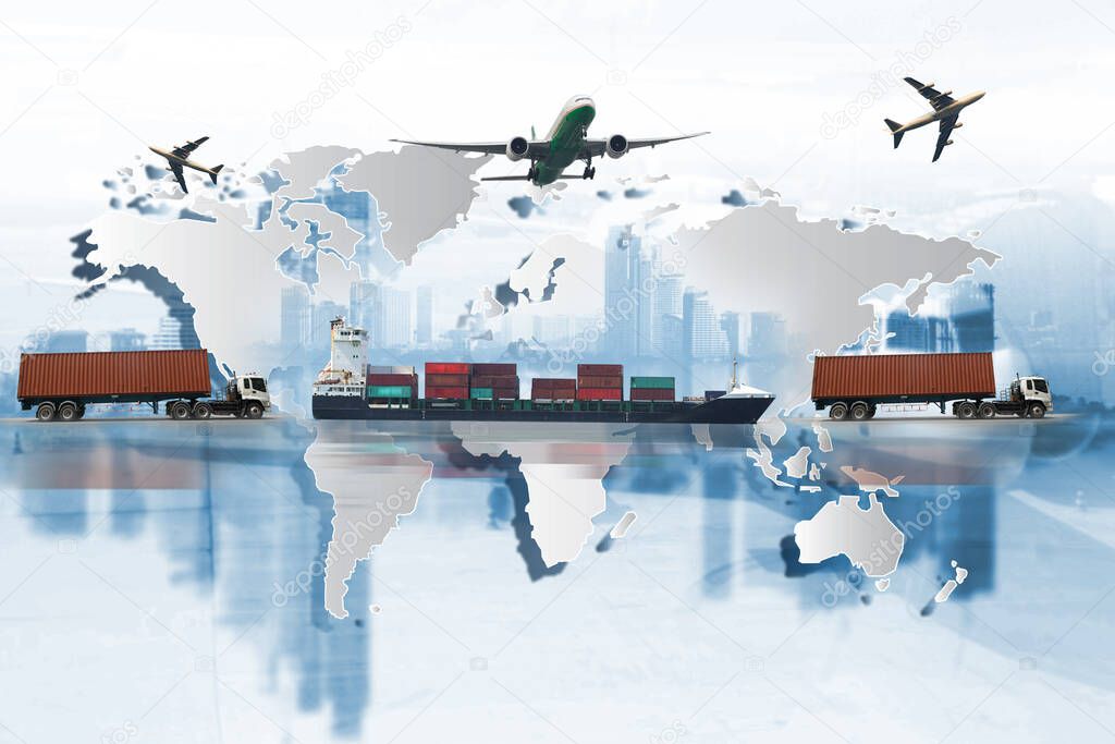 Transportation, import-export and logistics concept, container truck, ship in port and freight cargo plane in transport and import-export commercial logistic, shipping business industry 