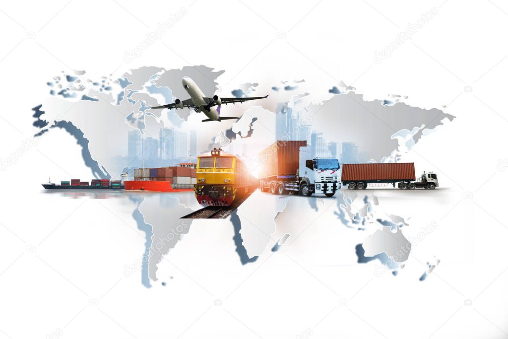 Transportation, import-export and logistics concept, container truck, ship in port and freight cargo plane in transport and import-export commercial logistic, shipping business industry 