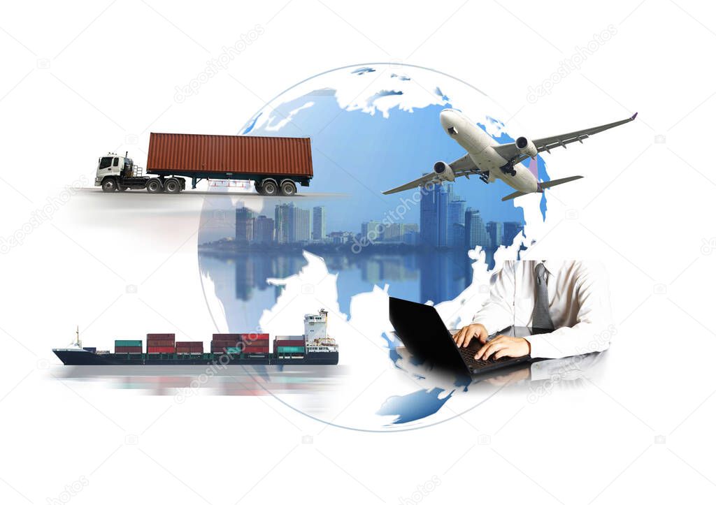 Transportation, import-export and logistics concept, container truck, ship in port and freight cargo plane in transport and import-export commercial logistic, shipping business industry 