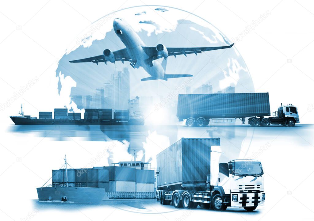 Transportation, import-export and logistics concept, container truck, ship in port and freight cargo plane in  commercial logistic, shipping business industry