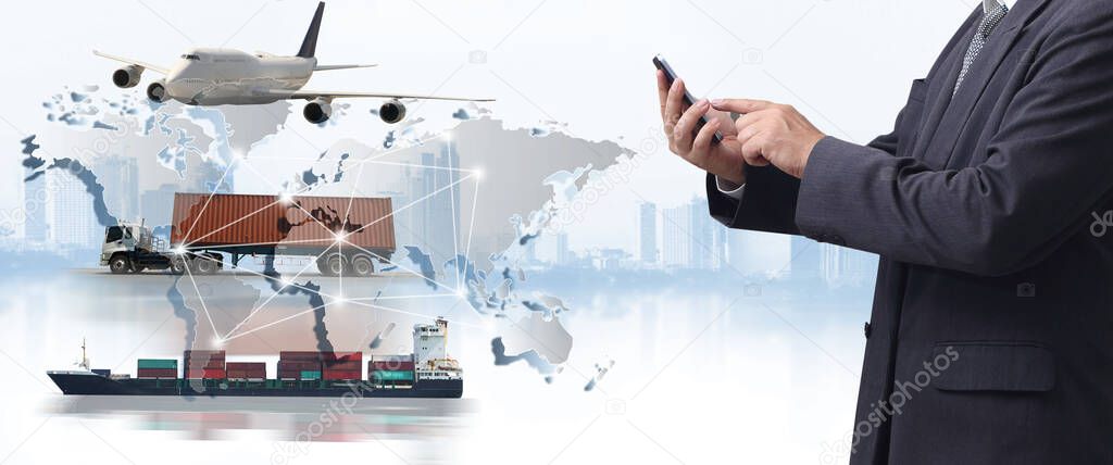 Double exposure of man with world map for logistic network distribution on background and Logistics Industrial Container Cargo freight ship for shipping and Transportation, import-export 