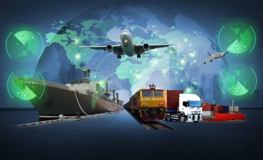 The world logistics , there are world map with logistic network distribution on background and Logistics Industrial Container Cargo freight ship for Concept of fast or instant shipping clipart