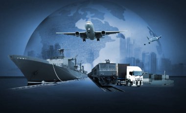 Dünya lojistiği, arka planda lojistik ağ dağılımlı dünya haritası ve hızlı ya da ani nakliye kavramı için lojistik endüstriyel yük gemisi var.
