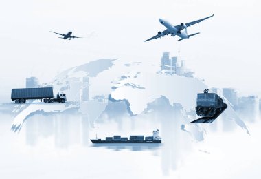 Dünya lojistiğinin soyut görüntüsü, dünya haritası arka planı ve konteyner kamyonu, limanda ve uçakta gemi var.