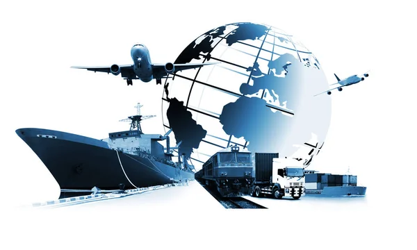 世界の物流は バックグラウンドで物流ネットワーク分布と世界地図があり 物流産業コンテナ貨物船高速または即時配送の概念のための貨物船 — ストック写真