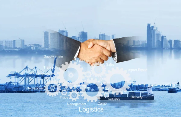 Dubbel Exponering Teknikgränssnitt Med Kugginställning Logistiknätdistribution Logistik Industricontainerfraktfartyg För Sjöfart — Stockfoto