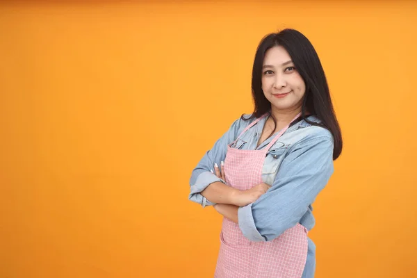 快乐的亚洲女人正在用围裙做饭 因为她们在黄色的背景上做广告 — 图库照片