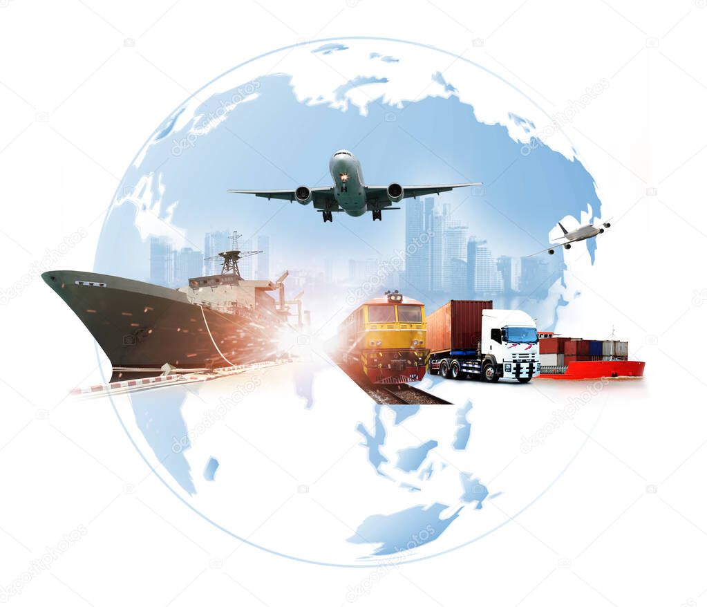 The world logistics , there are world map with logistic network distribution on background and Logistics Industrial Container Cargo freight ship for Concept of fast or instant shipping